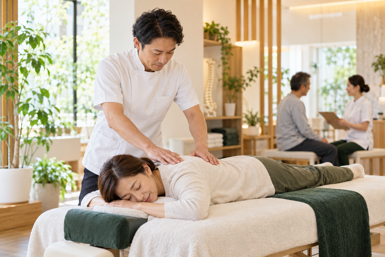 明るい施術室で、背中の状態を確認する施術者と施術を受ける女性